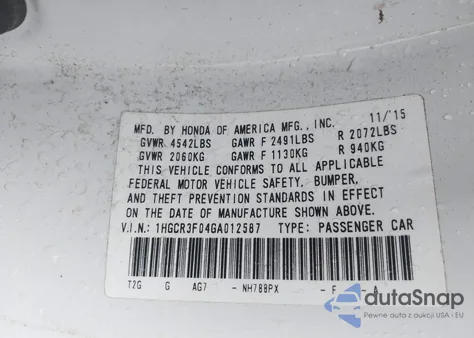 2016 Honda Accord Ex-L V-6 from USA, damaged, VIN 1HGCR3F04GA012587